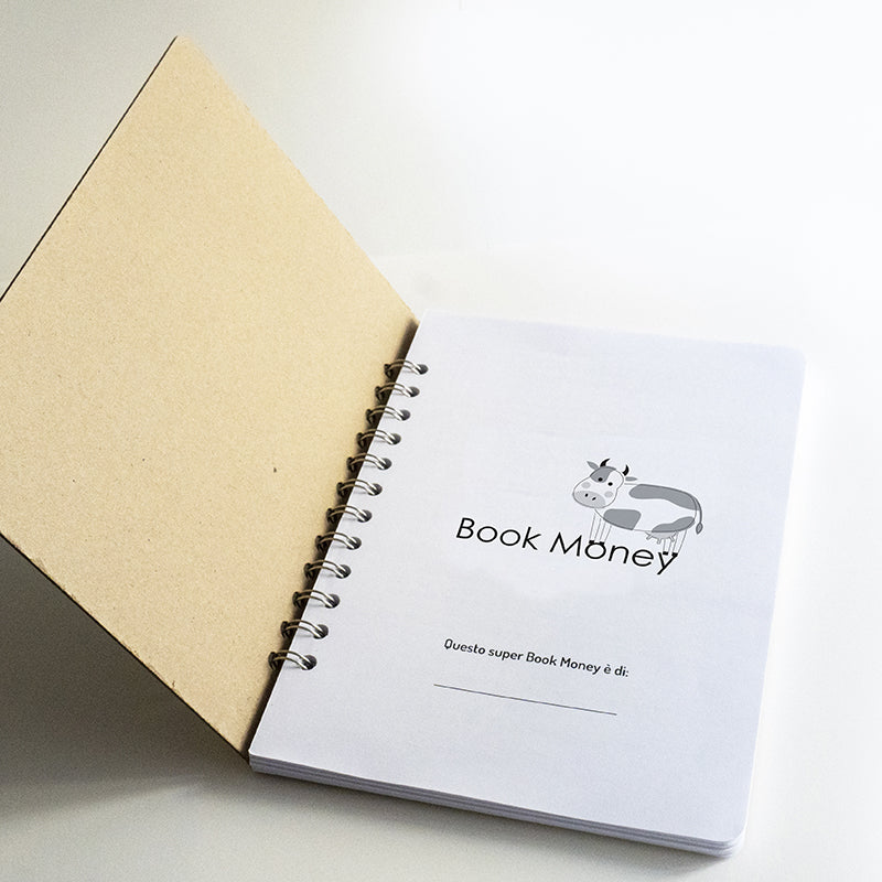 Set Book Money, 46 Sfide differenti per risparmiare, Block-notes, penna, busta risparmio  - Mod Cow