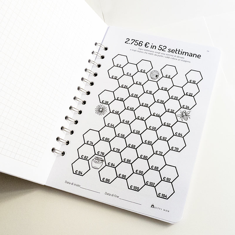 Set Book Money, 46 Sfide differenti per risparmiare, Block-notes, penna, busta risparmio  - Mod Cow