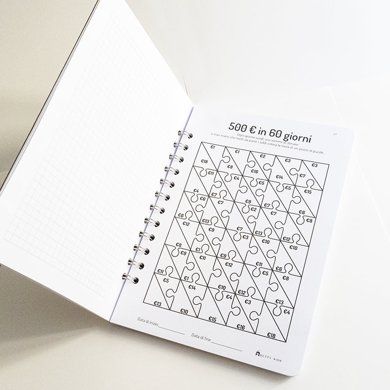 Set Book Money, 46 Sfide differenti per risparmiare, Block-notes, penna, busta risparmio  - Mod Cow