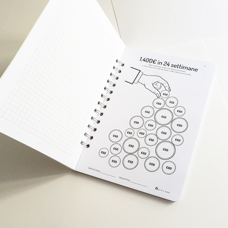 Set Book Money, 46 Sfide differenti per risparmiare, Block-notes, penna, busta risparmio  - Mod Cow
