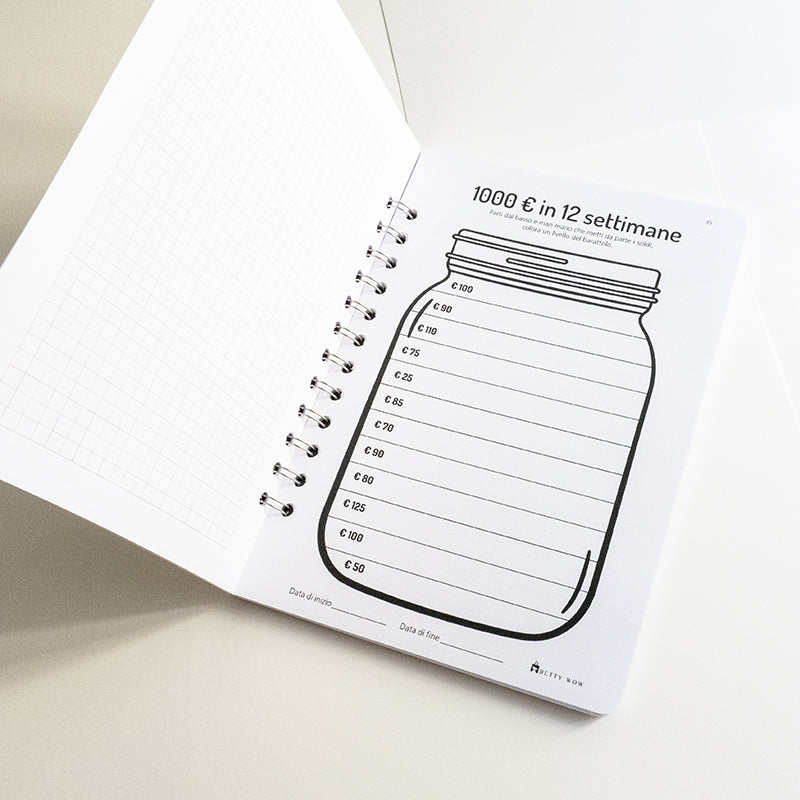 Set Book Money, 46 Sfide differenti per risparmiare, Block-notes, penna, busta risparmio  - Mod Cow