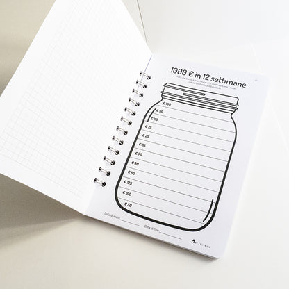 Set Book Money, 46 Sfide differenti per risparmiare, Block-notes, penna, busta risparmio  - Mod Cow