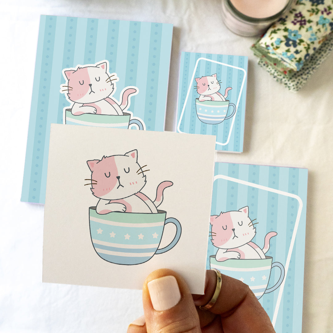 Set cartoleria Gattintazza Azzurro- Quaderno + Blocknotes + Blocchetto + Card
