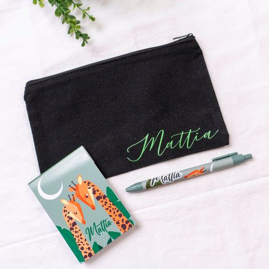 Set cartoleria PERSONALIZZATO con nome - Astuccio, block-notes e penna -  Mod. Jungle Giraffa