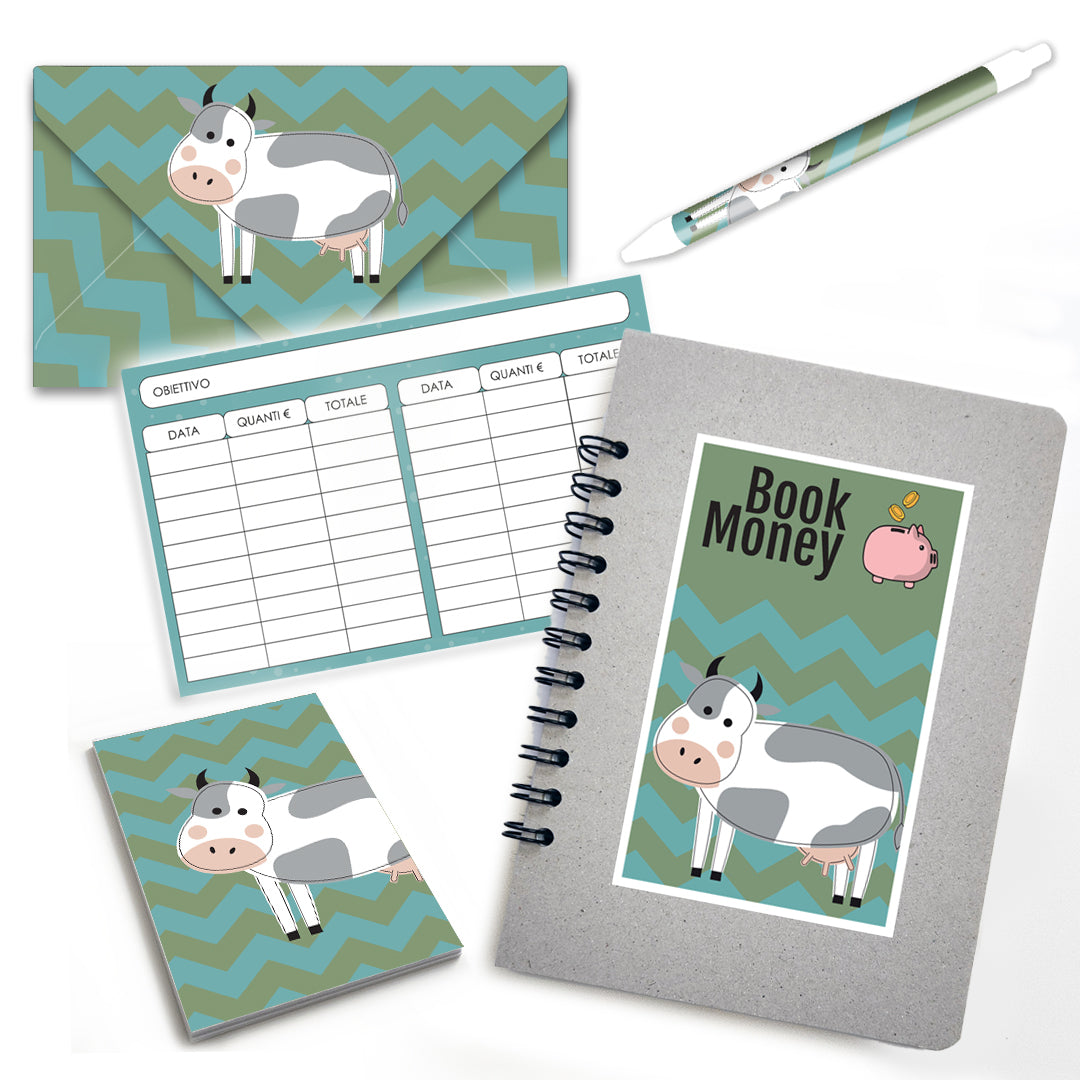 Set Book Money, 46 Sfide differenti per risparmiare, Block-notes, penna, busta risparmio  - Mod Cow