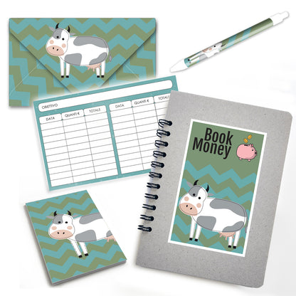 Set Book Money, 46 Sfide differenti per risparmiare, Block-notes, penna, busta risparmio  - Mod Cow