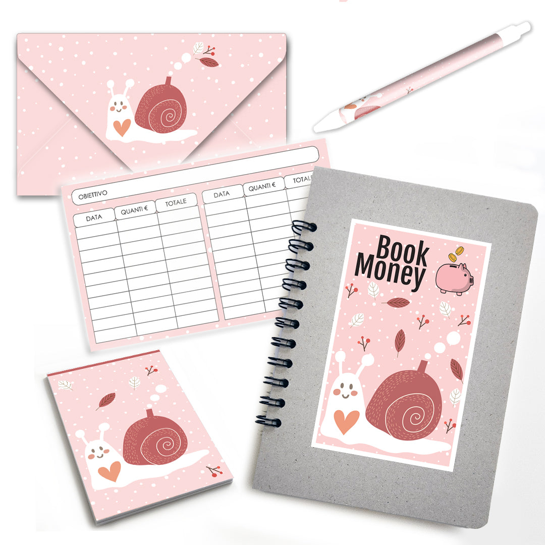 Set Book Money, 46 Sfide differenti per risparmiare, Block-notes, penna, busta risparmio - Mod Snail