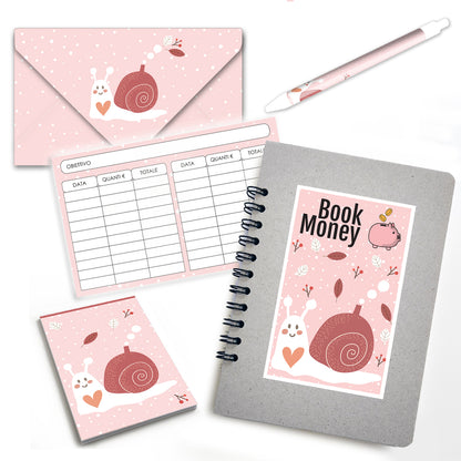Set Book Money, 46 Sfide differenti per risparmiare, Block-notes, penna, busta risparmio - Mod Snail