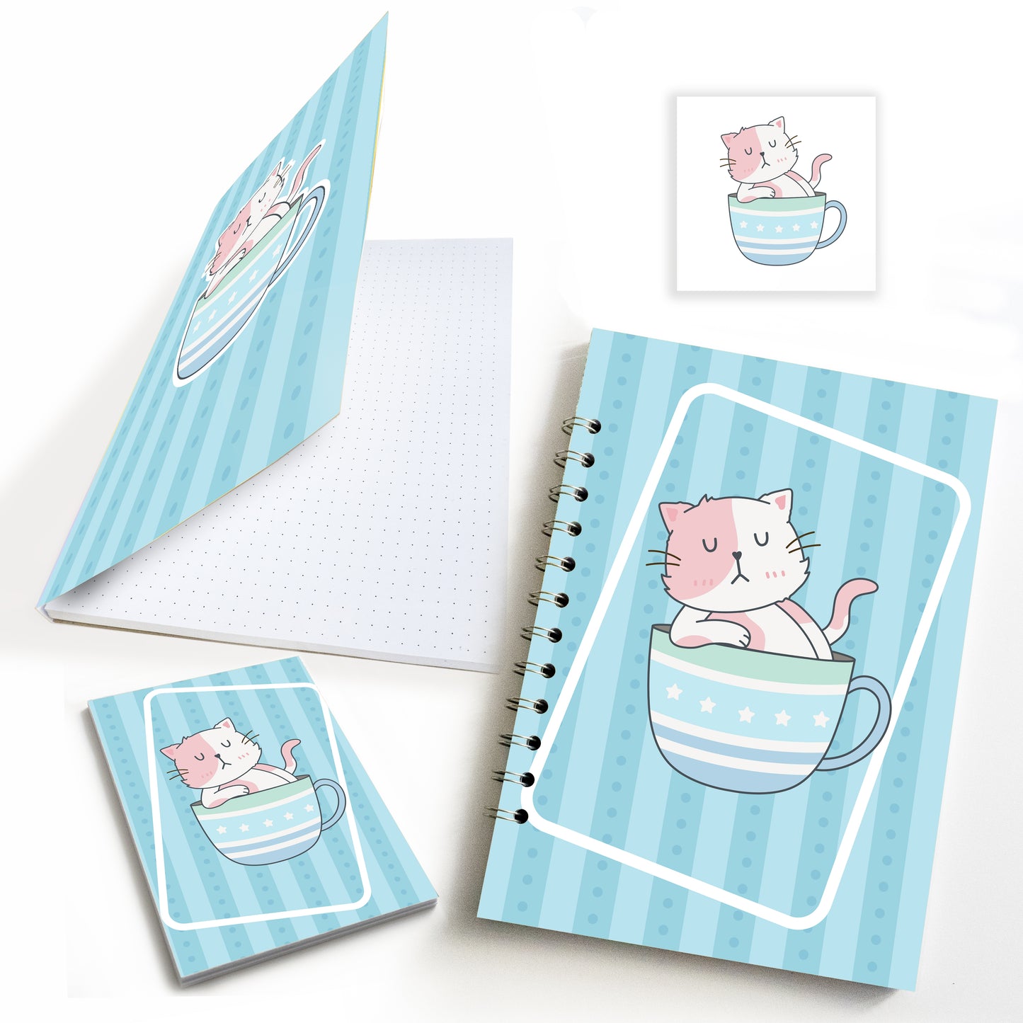 Set cartoleria Gattintazza Azzurro- Quaderno + Blocknotes + Blocchetto + Card